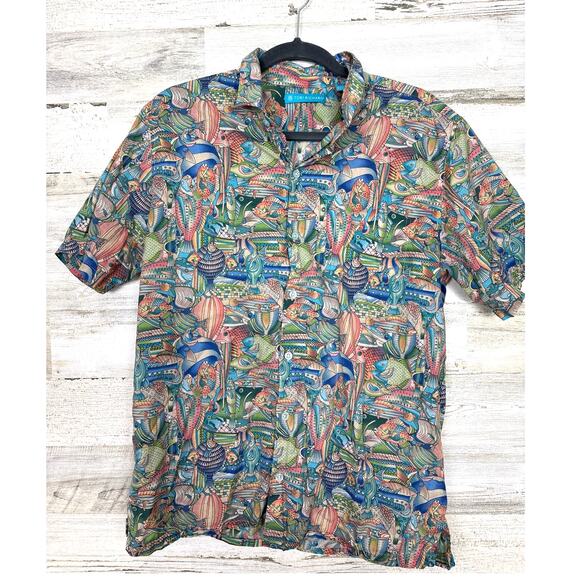 Tori Richard Men’s Medium Fish Print Hawaiian Button-Up Cotton Dress Shirt - Picture 1 of 4